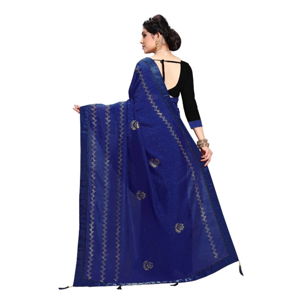 Seduva Women's Vichitra Silk HotFix Stone Work Saree With Blouse (Blue, 5-6 Mtrs)