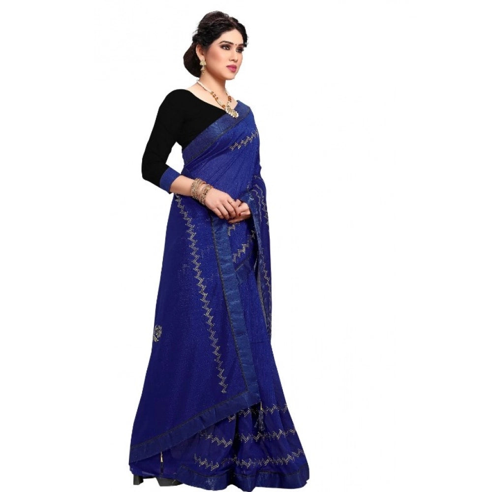 Seduva Women's Vichitra Silk HotFix Stone Work Saree With Blouse (Blue, 5-6 Mtrs)