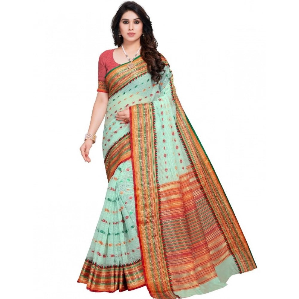 Seduva Women's Kota Doria Cotton Woven Butta Saree With Blouse (Pista, 5-6 Mtrs)