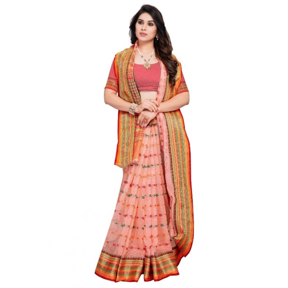 Seduva Women's Kota Doria Cotton Woven Butta Saree With Blouse (Peach, 5-6 Mtrs)