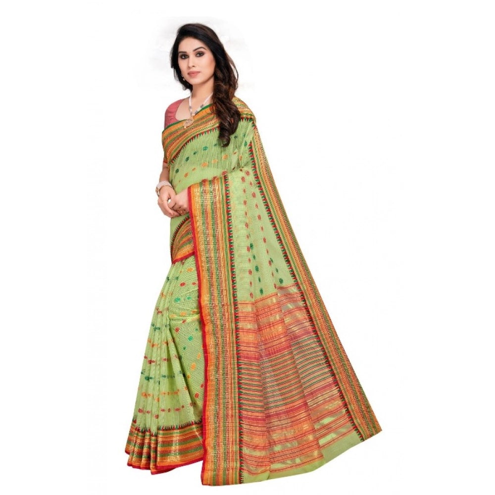 Seduva Women's Kota Doria Cotton Woven Butta Saree With Blouse (Light Green, 5-6 Mtrs)