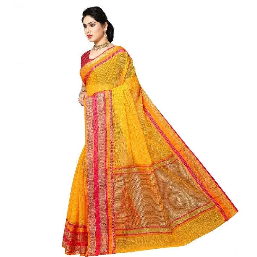 Seduva Women's Kota Doria Cotton Border Saree With Blouse (Gold, 5-6 Mtrs)