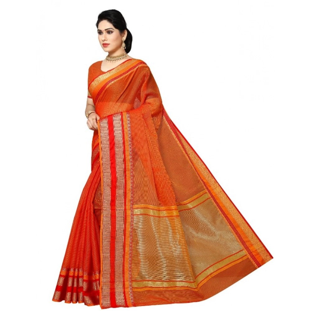 Seduva Women's Kota Doria Cotton Border Saree With Blouse (Orange, 5-6 Mtrs)