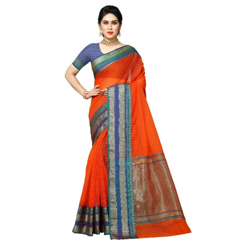 Seduva Women's Kota Doria Cotton Border Saree With Blouse (Fanta, 5-6 Mtrs)