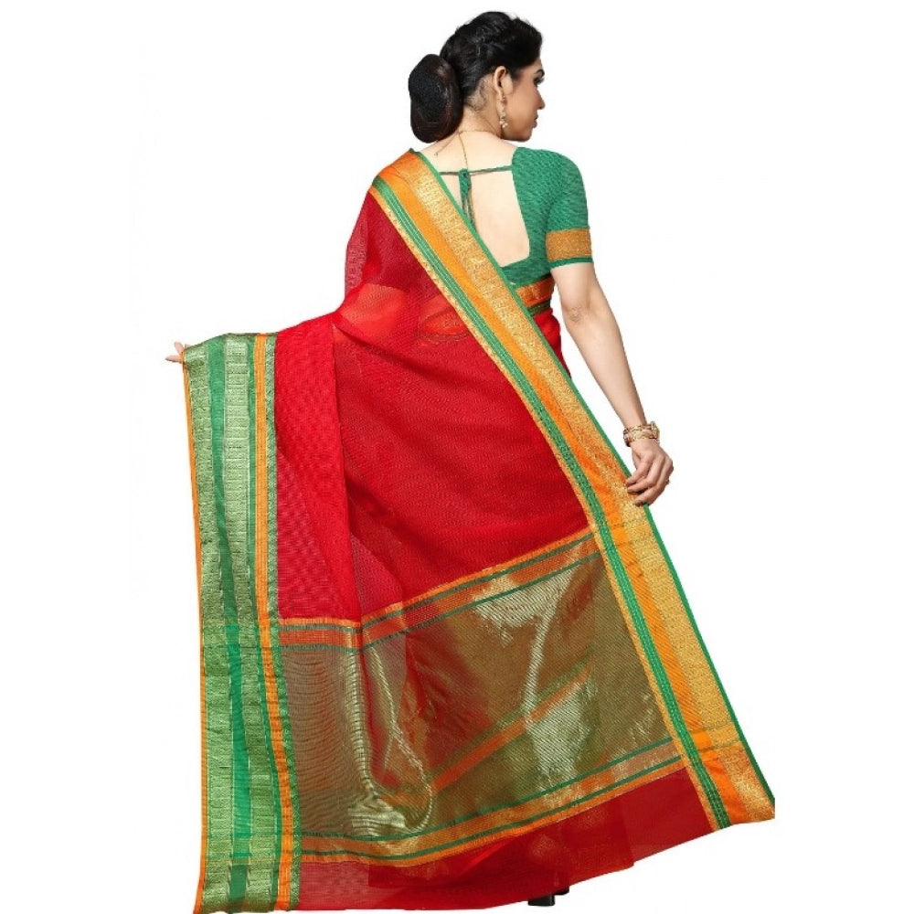 Seduva Women's Kota Doria Cotton Border Saree With Blouse (Red, 5-6 Mtrs)