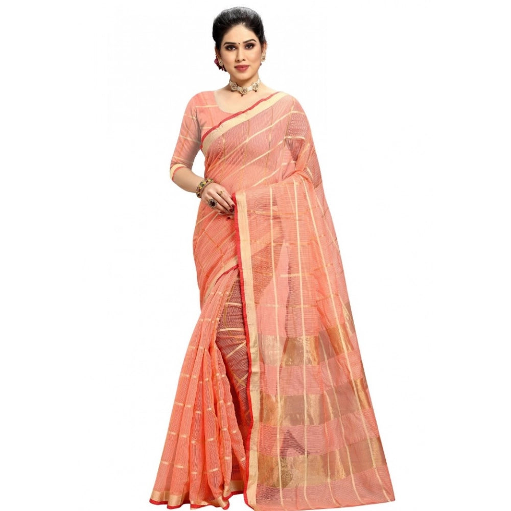 Seduva Women's Kota Doria Cotton Checked Saree With Blouse (Peach, 5-6 Mtrs)