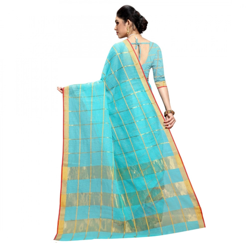 Seduva Women's Kota Doria Cotton Checked Saree With Blouse (Sky Blue, 5-6 Mtrs)