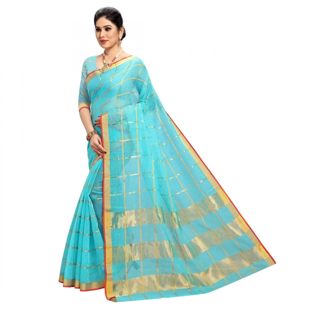 Seduva Women's Kota Doria Cotton Checked Saree With Blouse (Sky Blue, 5-6 Mtrs)