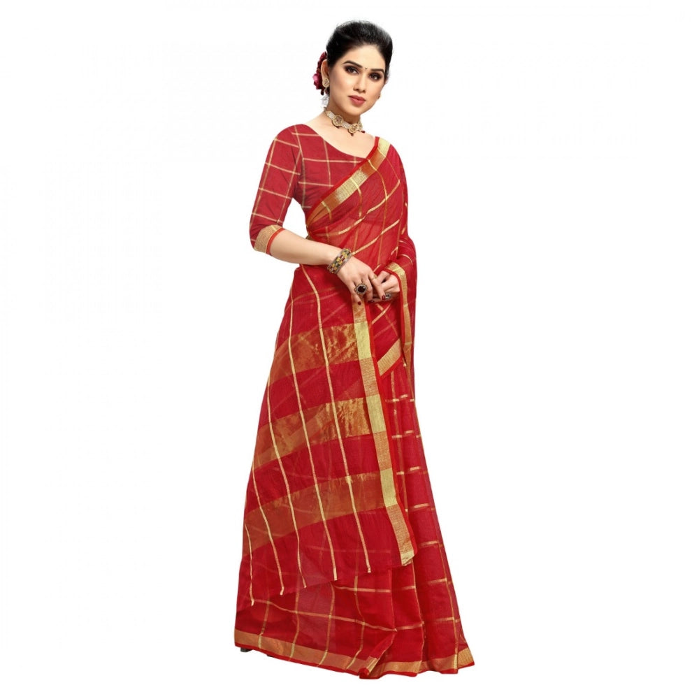 Seduva Women's Kota Doria Cotton Checked Saree With Blouse (Red, 5-6 Mtrs)