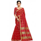 Seduva Women's Kota Doria Cotton Checked Saree With Blouse (Red, 5-6 Mtrs)