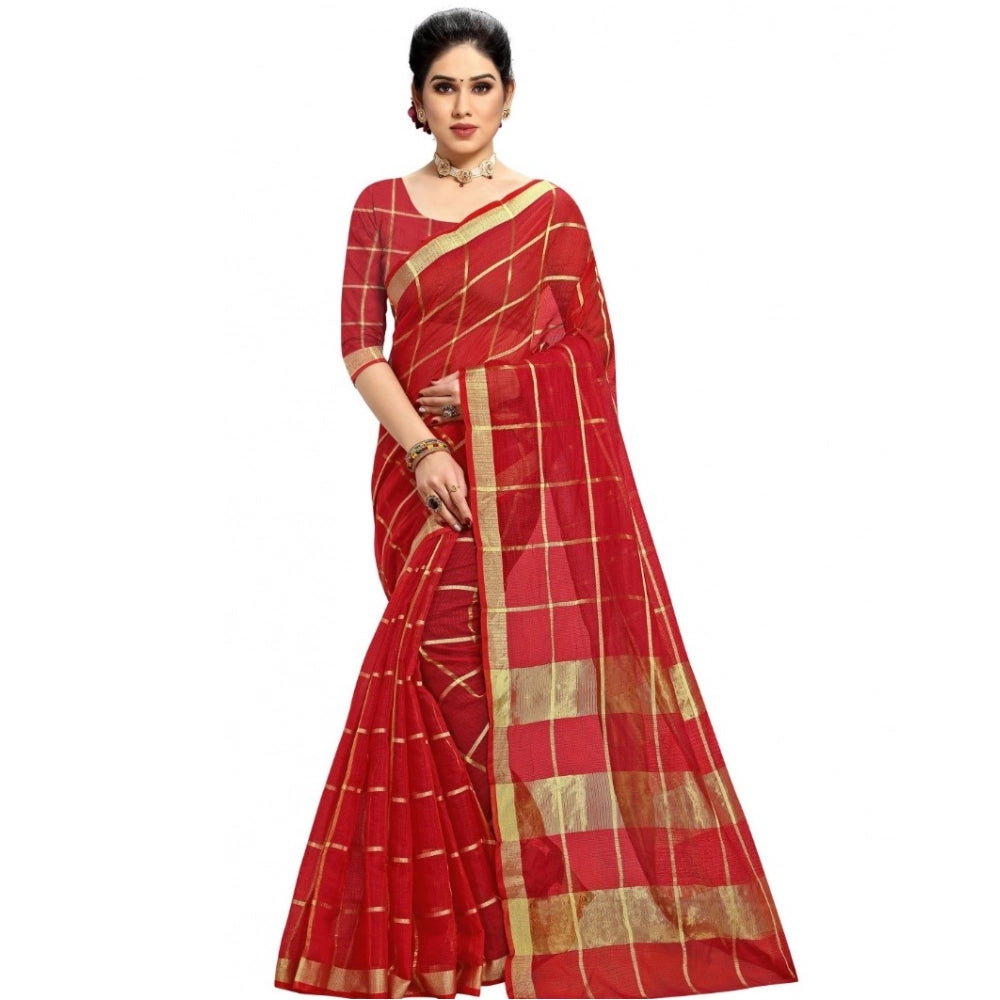 Seduva Women's Kota Doria Cotton Checked Saree With Blouse (Red, 5-6 Mtrs)