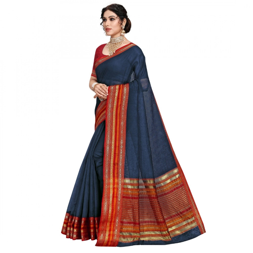 Seduva Women's Kota Doria Cotton Bordered Saree With Blouse (Navy Blue, 5-6 Mtrs)