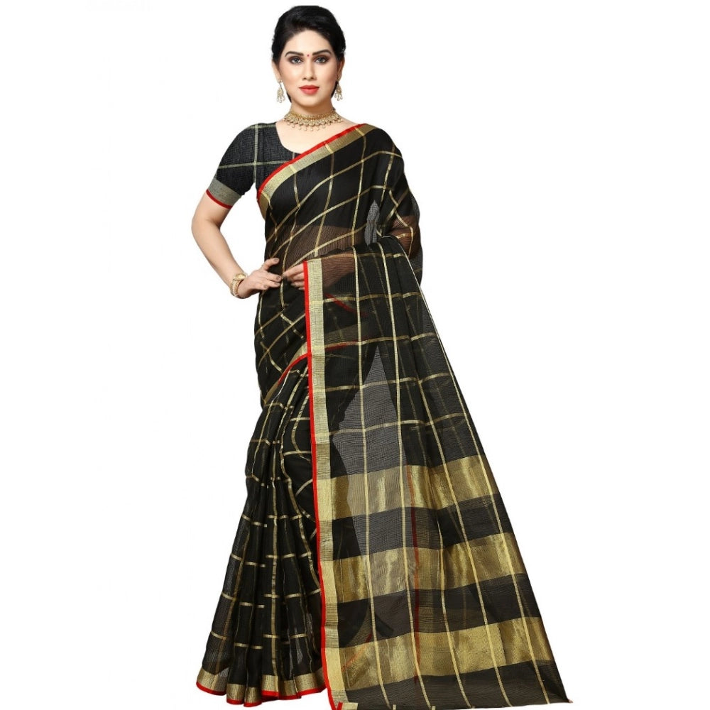 Seduva Women's Kota Doria Cotton Checked Saree With Blouse (Black, 5-6 Mtrs)