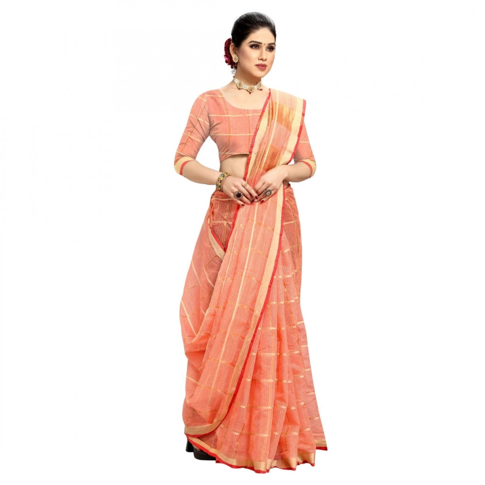 Seduva Women's Kota Doria Cotton Checked Saree With Blouse (Peach, 5-6 Mtrs)