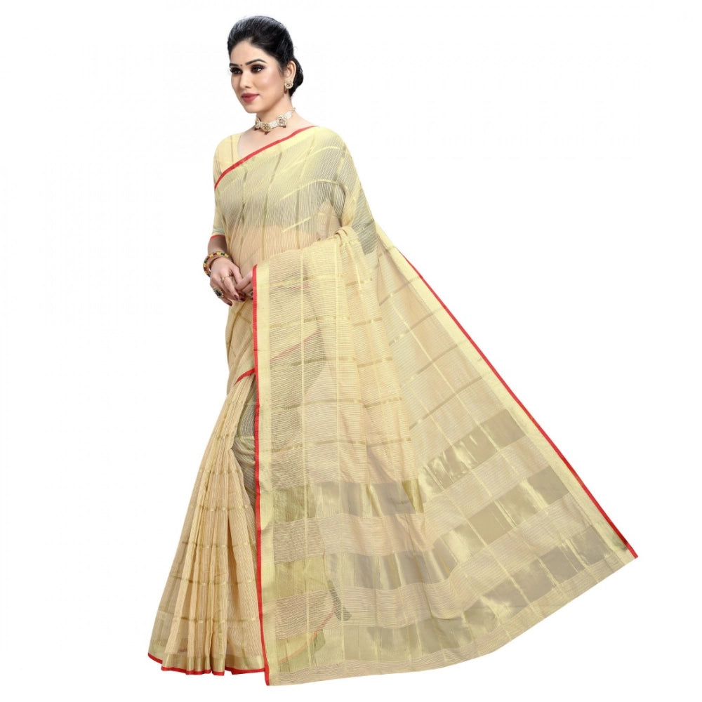 Seduva Women's Kota Doria Cotton Checked Saree With Blouse (Beige, 5-6 Mtrs)