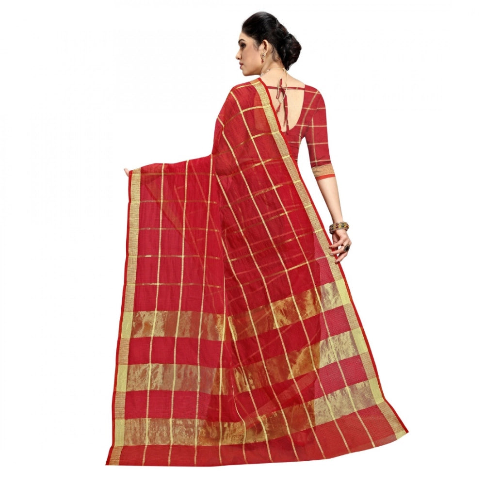 Seduva Women's Kota Doria Cotton Checked Saree With Blouse (Red, 5-6 Mtrs)