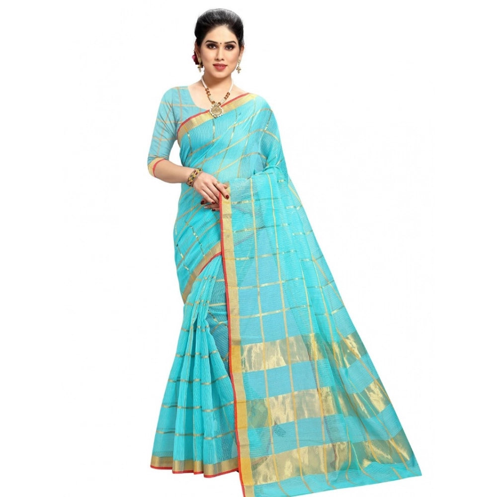 Seduva Women's Kota Doria Cotton Checked Saree With Blouse (Sky Blue, 5-6 Mtrs)