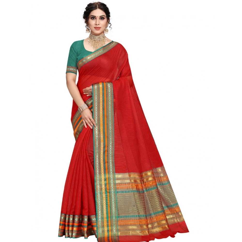 Seduva Women's Kota Doria Cotton Bordered Saree With Blouse (Red, 5-6 Mtrs)