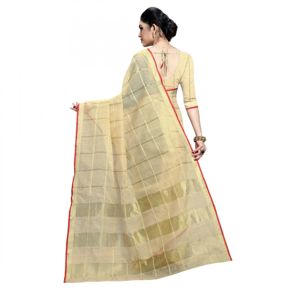 Seduva Women's Kota Doria Cotton Checked Saree With Blouse (Beige, 5-6 Mtrs)
