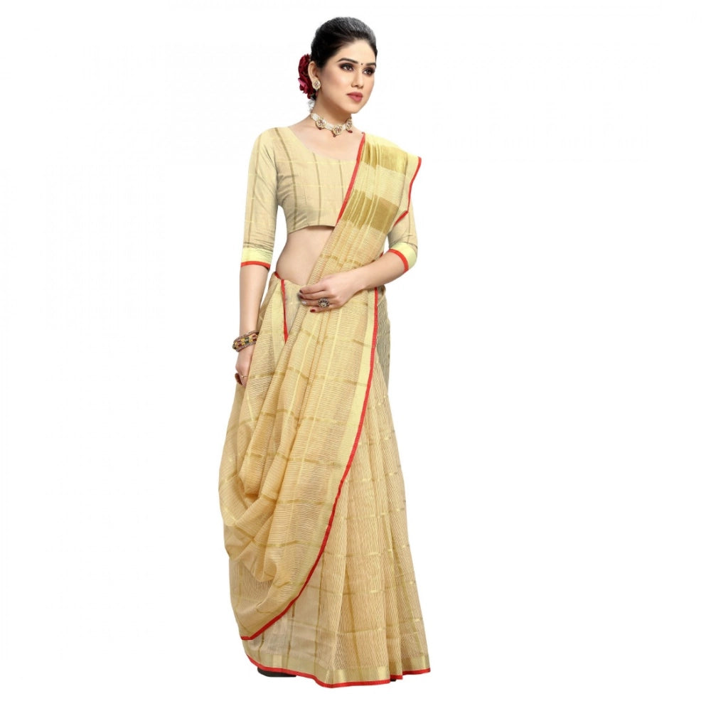 Seduva Women's Kota Doria Cotton Checked Saree With Blouse (Beige, 5-6 Mtrs)