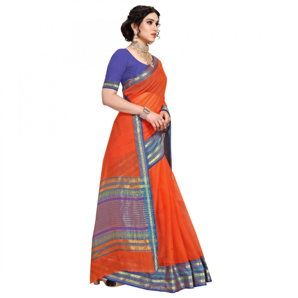 Seduva Women's Kota Doria Cotton Bordered Saree With Blouse (Fanta, 5-6 Mtrs)
