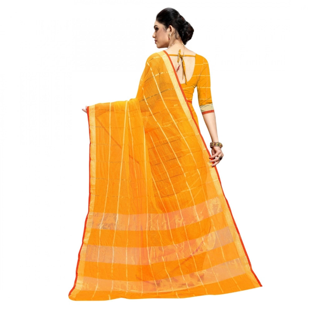Seduva Women's Kota Doria Cotton Checked Saree With Blouse (Yellow, 5-6 Mtrs)