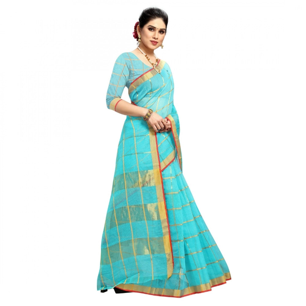 Seduva Women's Kota Doria Cotton Checked Saree With Blouse (Sky Blue, 5-6 Mtrs)