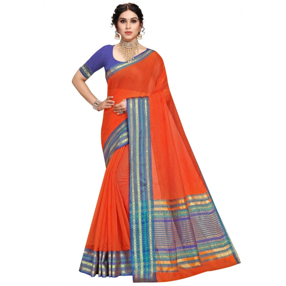 Seduva Women's Kota Doria Cotton Bordered Saree With Blouse (Fanta, 5-6 Mtrs)