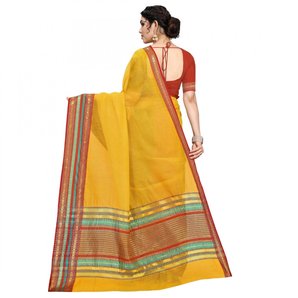 Seduva Women's Kota Doria Cotton Bordered Saree With Blouse (Yellow, 5-6 Mtrs)