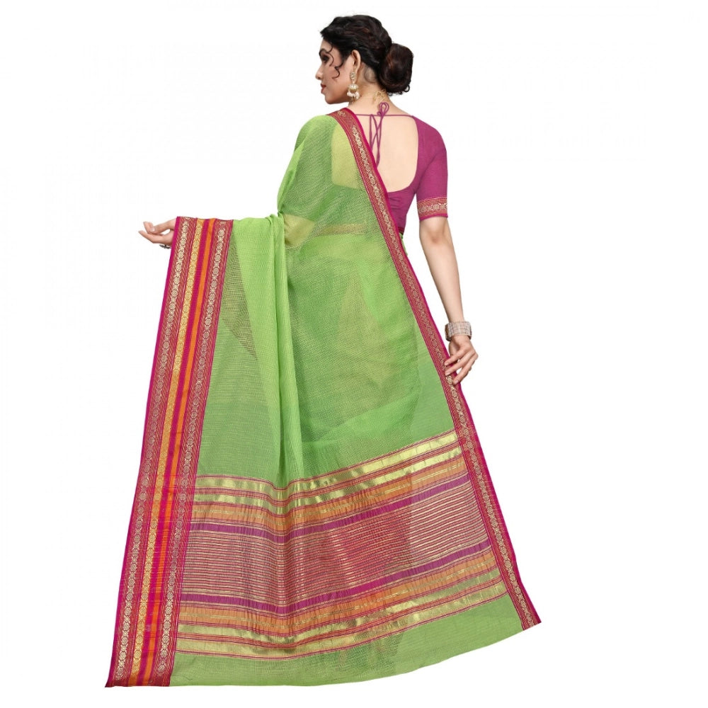 Seduva Women's Kota Doria Cotton Bordered Saree With Blouse (Light Green, 5-6 Mtrs)