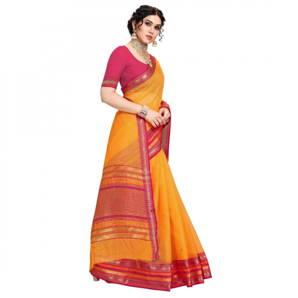 Seduva Women's Kota Doria Cotton Bordered Saree With Blouse (Gold, 5-6 Mtrs)