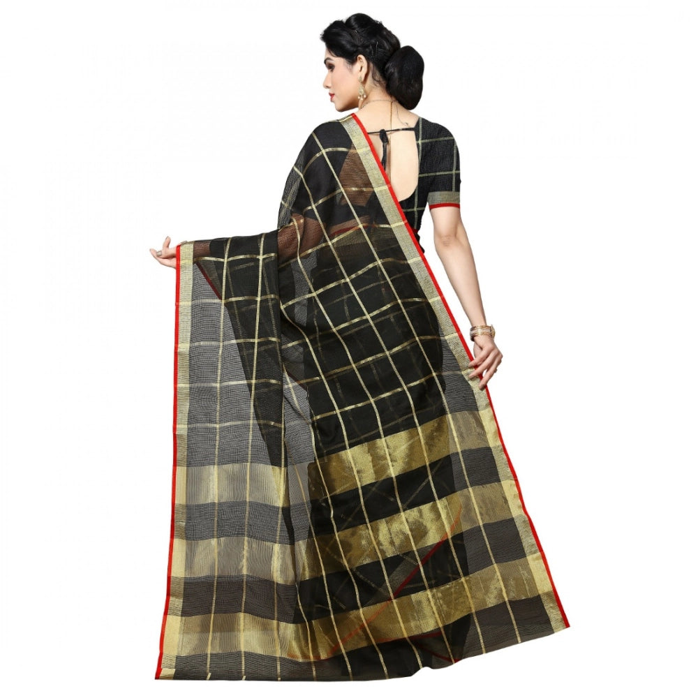 Seduva Women's Kota Doria Cotton Checked Saree With Blouse (Black, 5-6 Mtrs)