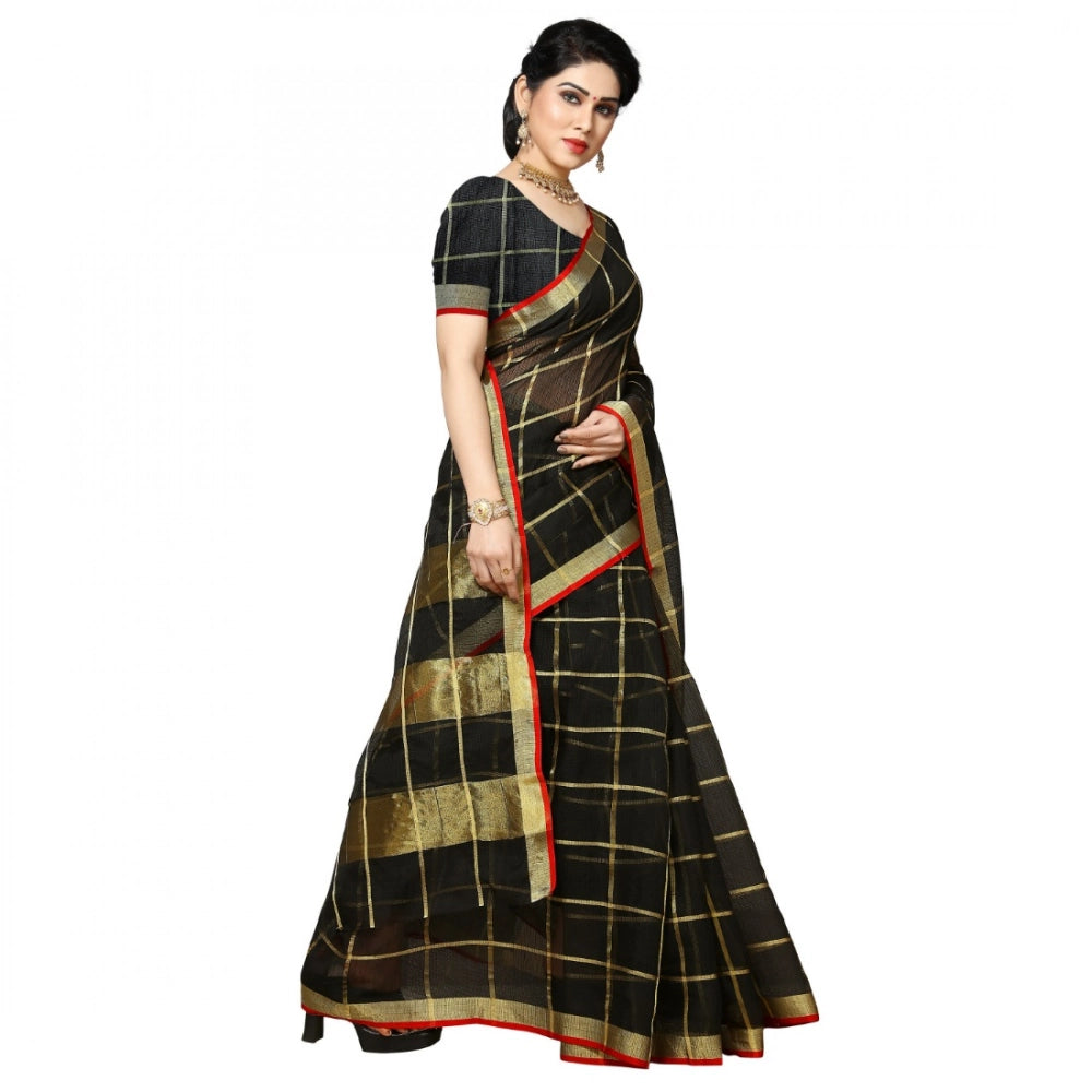 Seduva Women's Kota Doria Cotton Checked Saree With Blouse (Black, 5-6 Mtrs)