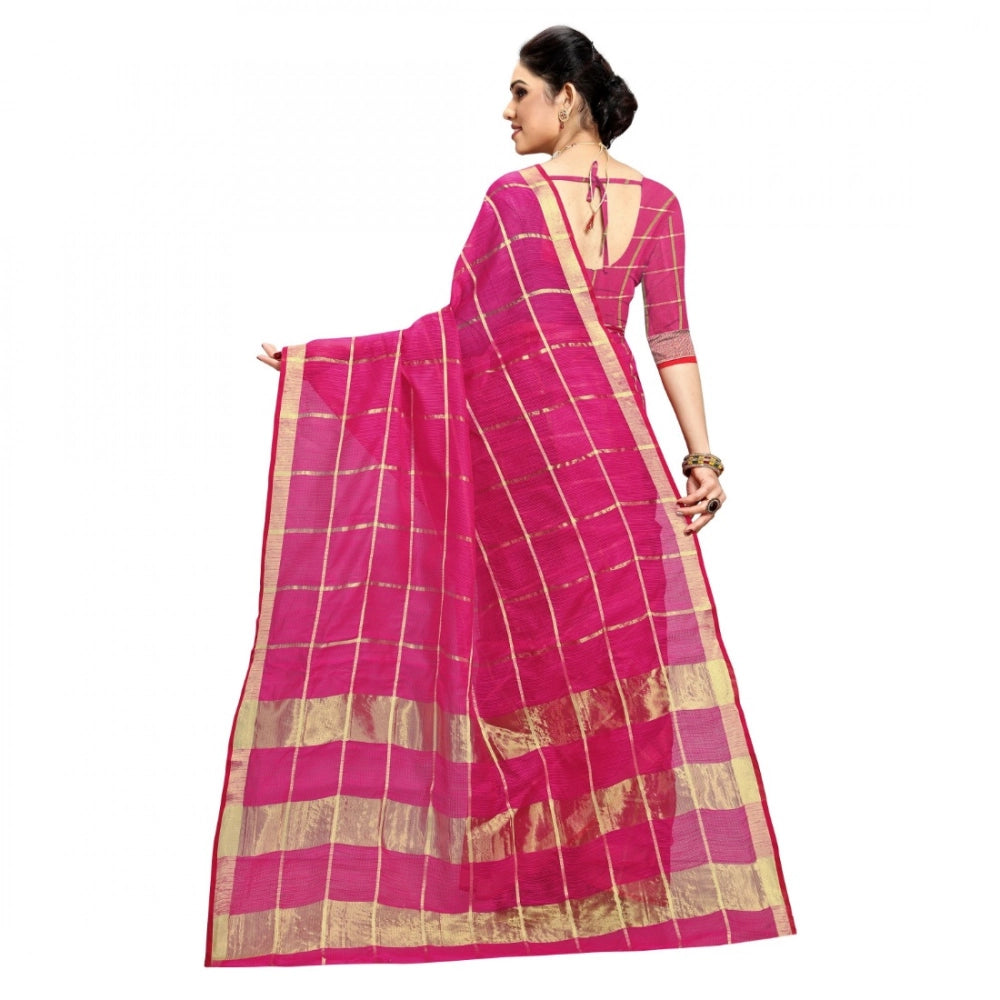 Seduva Women's Kota Doria Cotton Checked Saree With Blouse (Rani, 5-6 Mtrs)