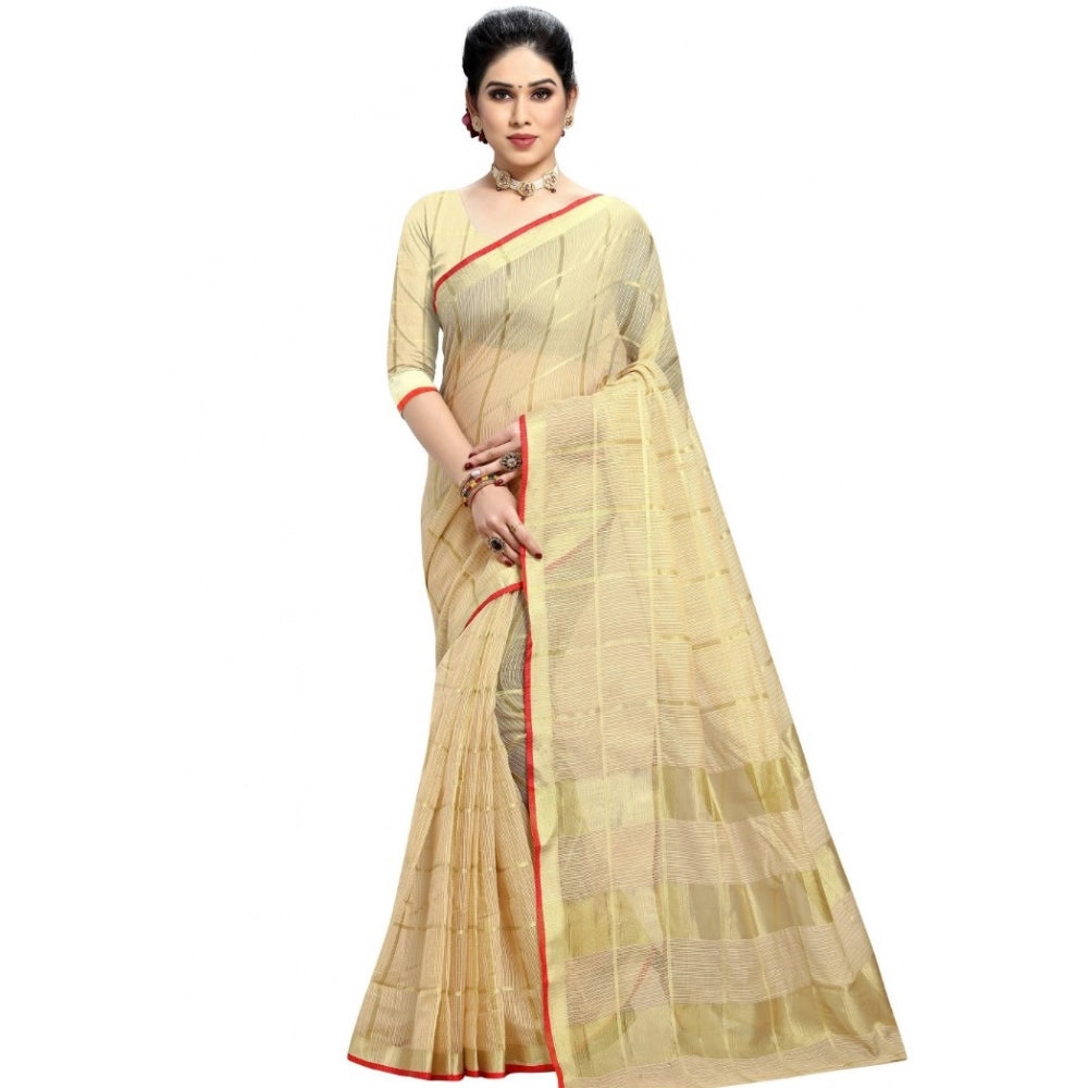 Seduva Women's Kota Doria Cotton Checked Saree With Blouse (Beige, 5-6 Mtrs)