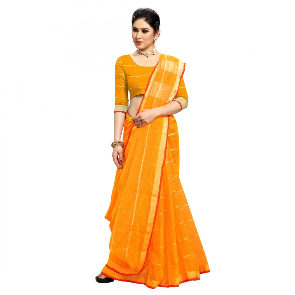 Seduva Women's Kota Doria Cotton Checked Saree With Blouse (Yellow, 5-6 Mtrs)