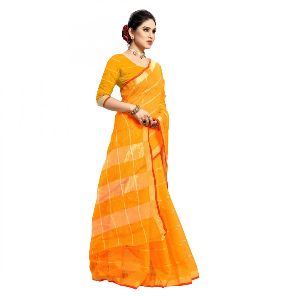 Seduva Women's Kota Doria Cotton Checked Saree With Blouse (Yellow, 5-6 Mtrs)