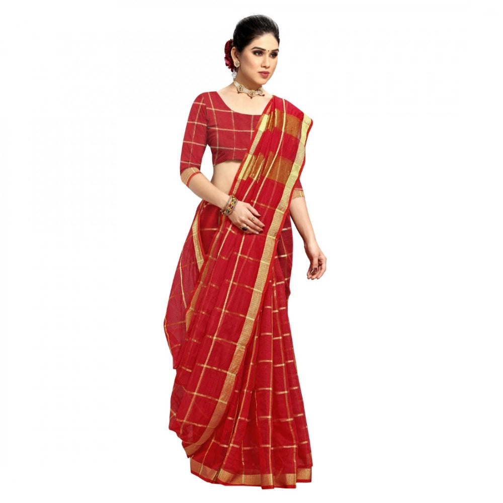 Seduva Women's Kota Doria Cotton Checked Saree With Blouse (Red, 5-6 Mtrs)