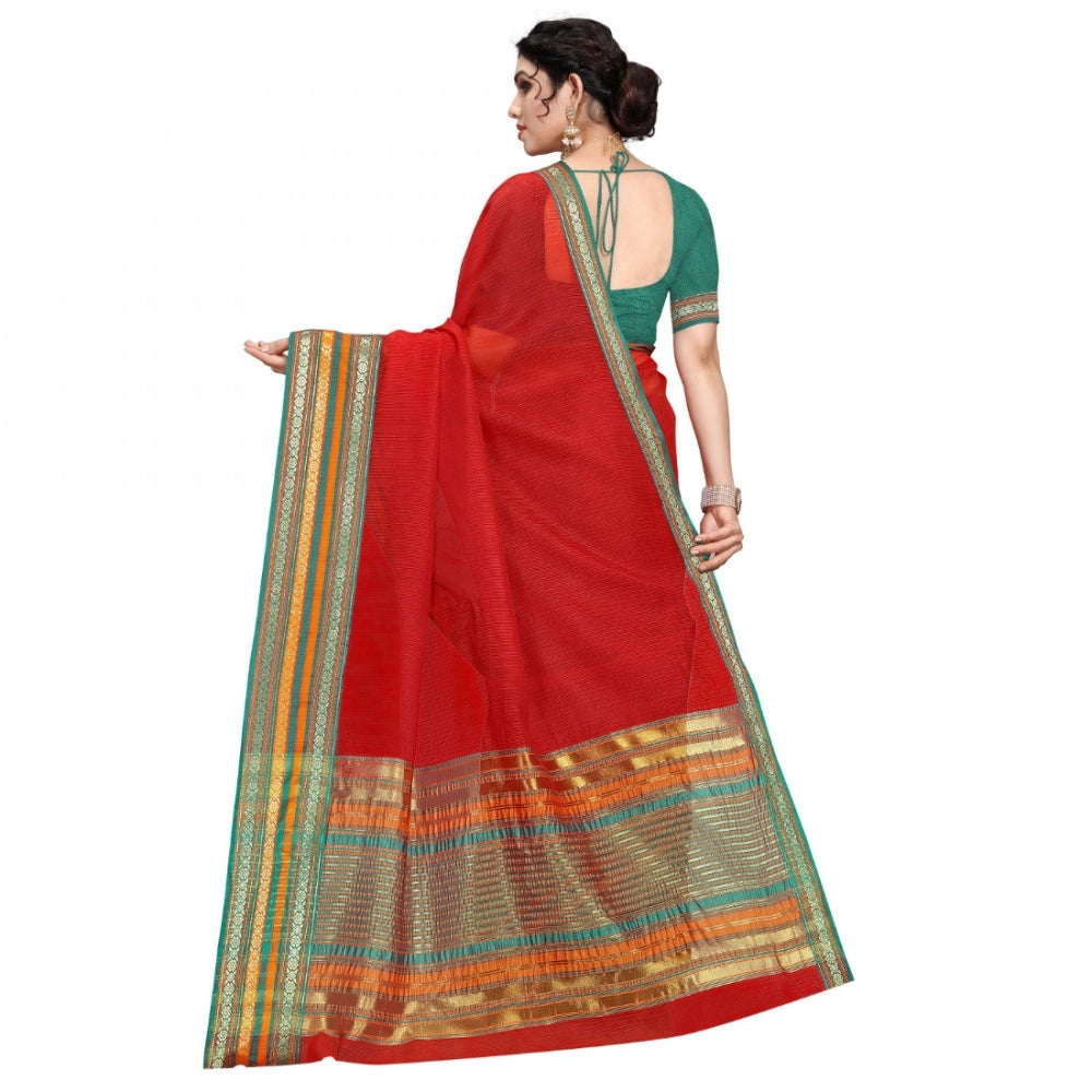 Seduva Women's Kota Doria Cotton Bordered Saree With Blouse (Red, 5-6 Mtrs)