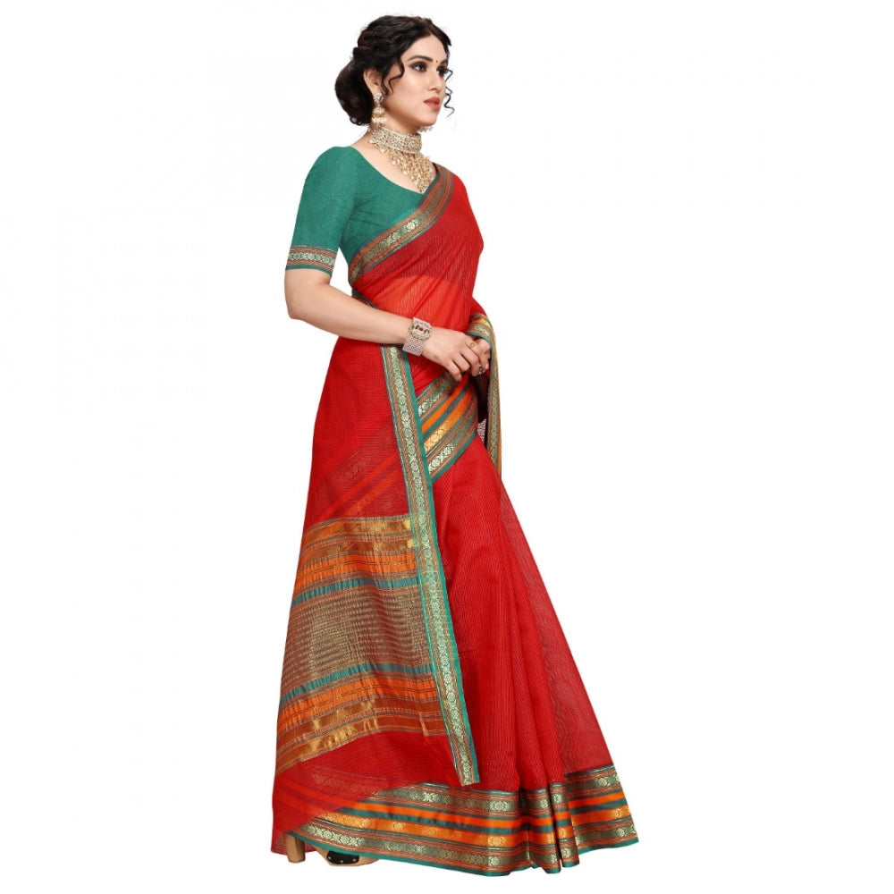 Seduva Women's Kota Doria Cotton Bordered Saree With Blouse (Red, 5-6 Mtrs)