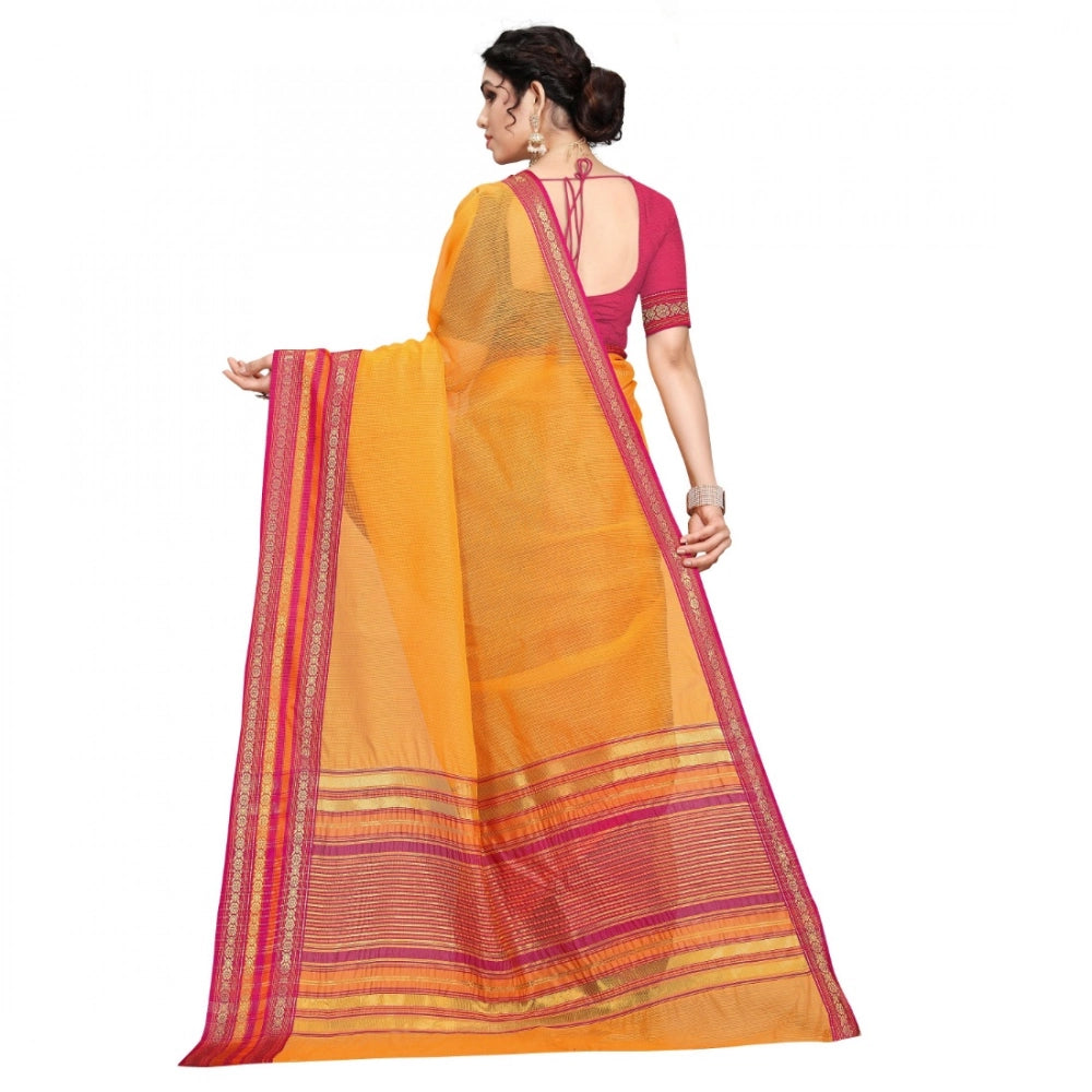 Seduva Women's Kota Doria Cotton Bordered Saree With Blouse (Gold, 5-6 Mtrs)