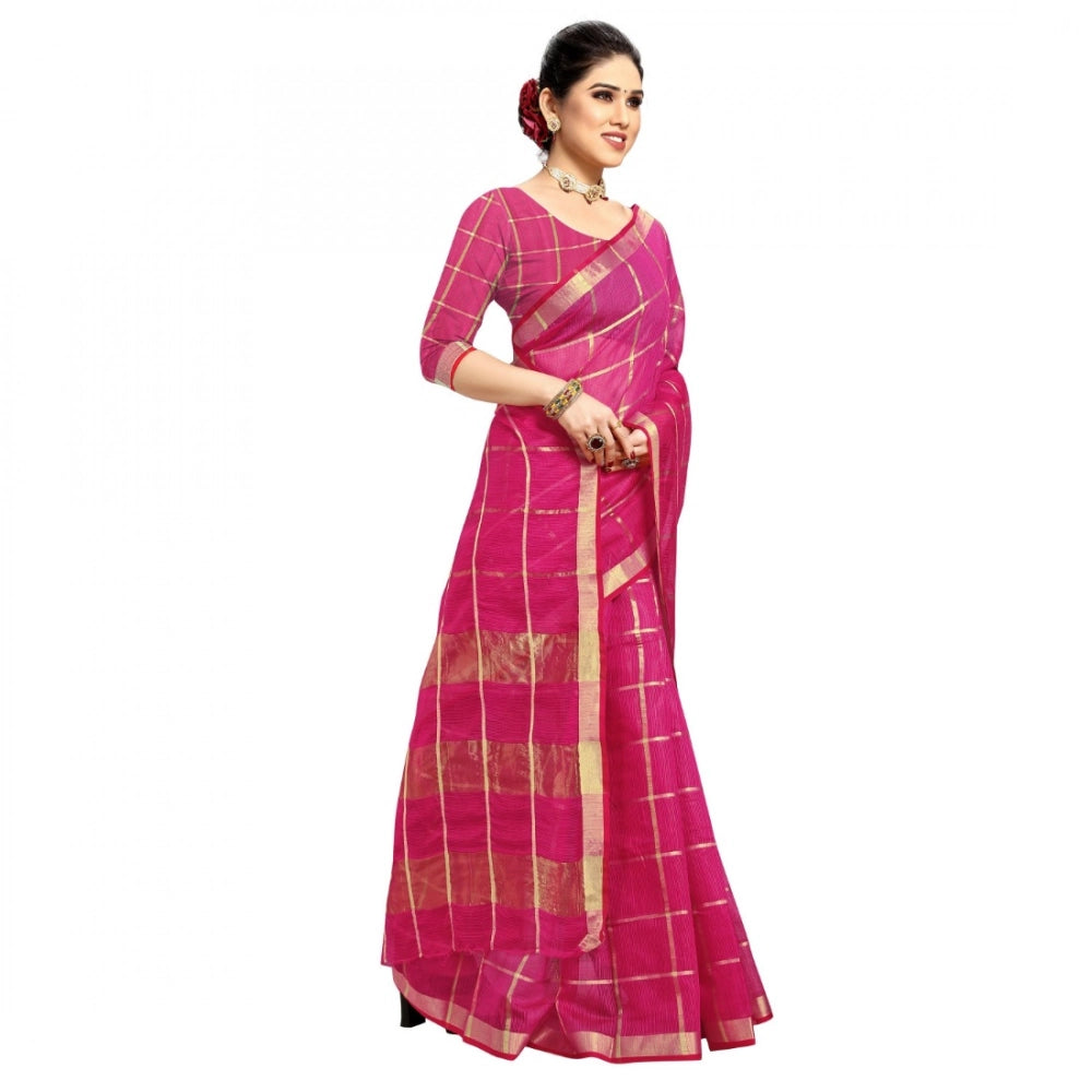 Seduva Women's Kota Doria Cotton Checked Saree With Blouse (Rani, 5-6 Mtrs)