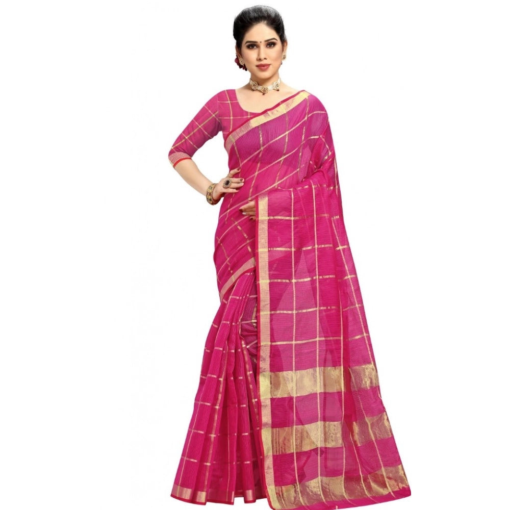 Seduva Women's Kota Doria Cotton Checked Saree With Blouse (Rani, 5-6 Mtrs)