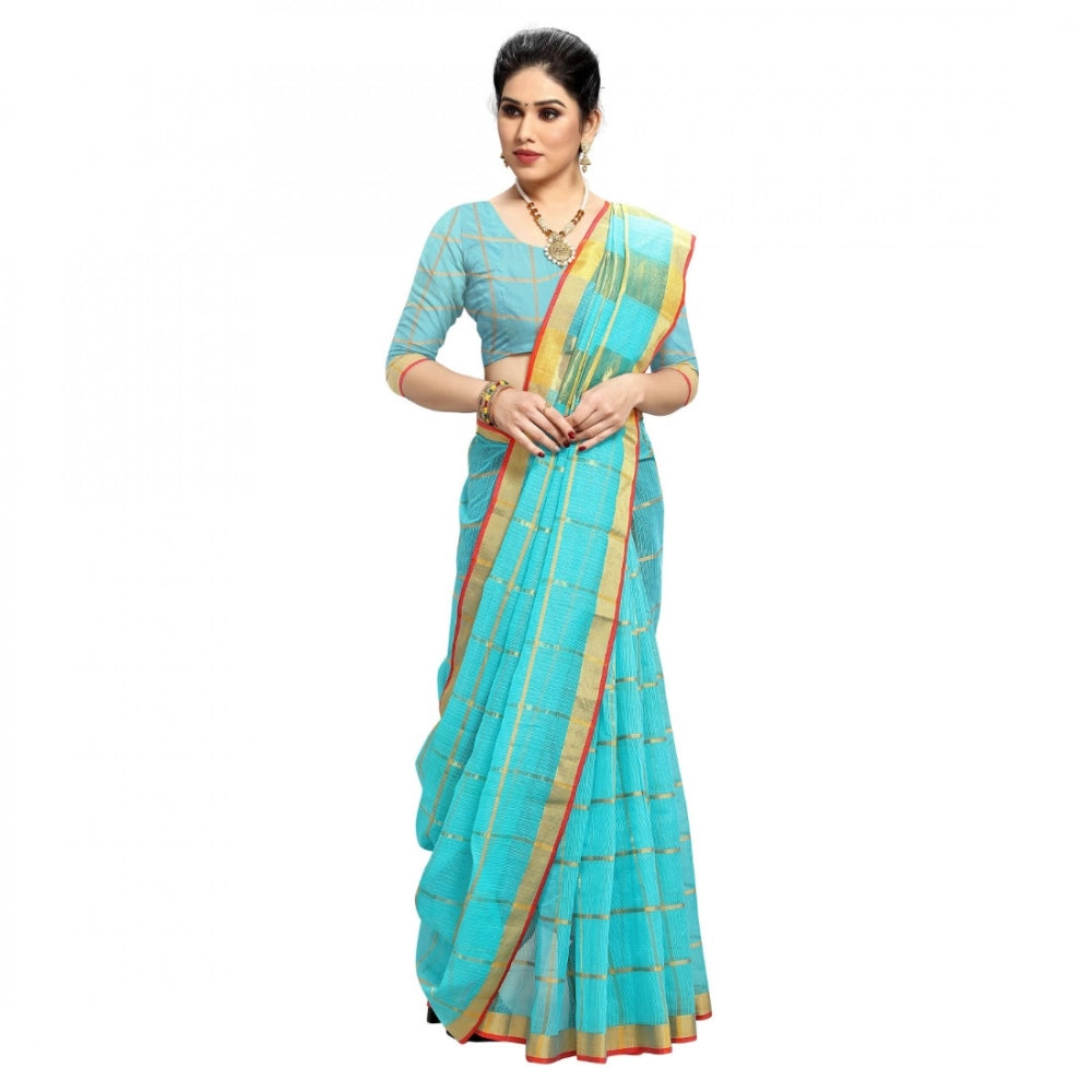 Seduva Women's Kota Doria Cotton Checked Saree With Blouse (Sky Blue, 5-6 Mtrs)