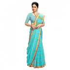 Seduva Women's Kota Doria Cotton Checked Saree With Blouse (Sky Blue, 5-6 Mtrs)