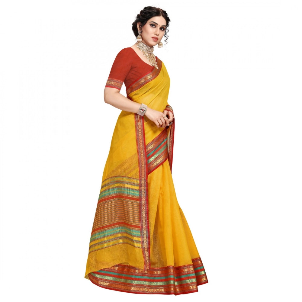 Seduva Women's Kota Doria Cotton Bordered Saree With Blouse (Yellow, 5-6 Mtrs)