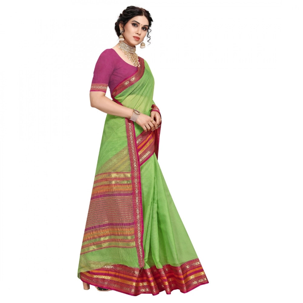 Seduva Women's Kota Doria Cotton Bordered Saree With Blouse (Light Green, 5-6 Mtrs)