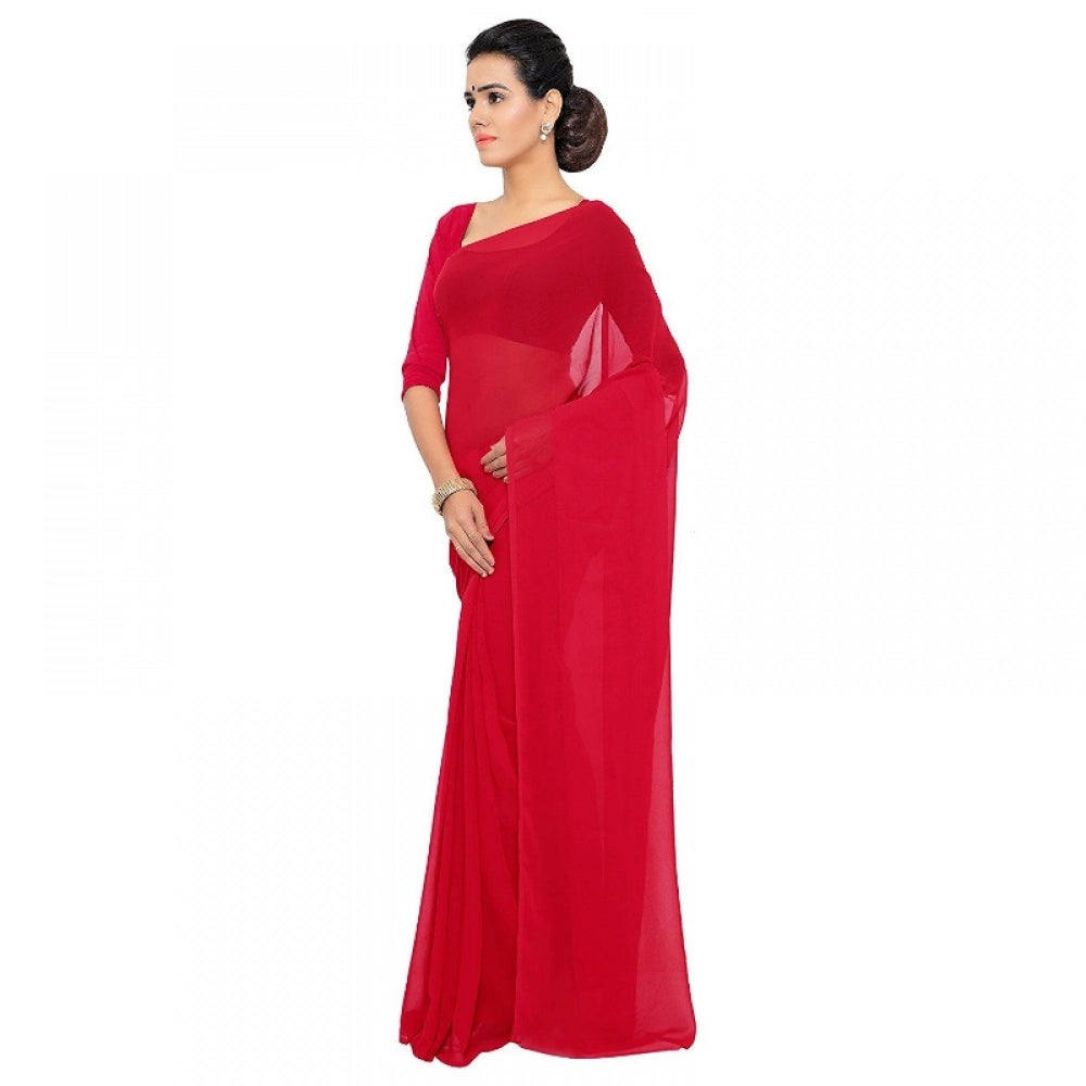 Seduva Women's Georgette Plain Saree With Blouse (Red, 5-6 Mtrs)
