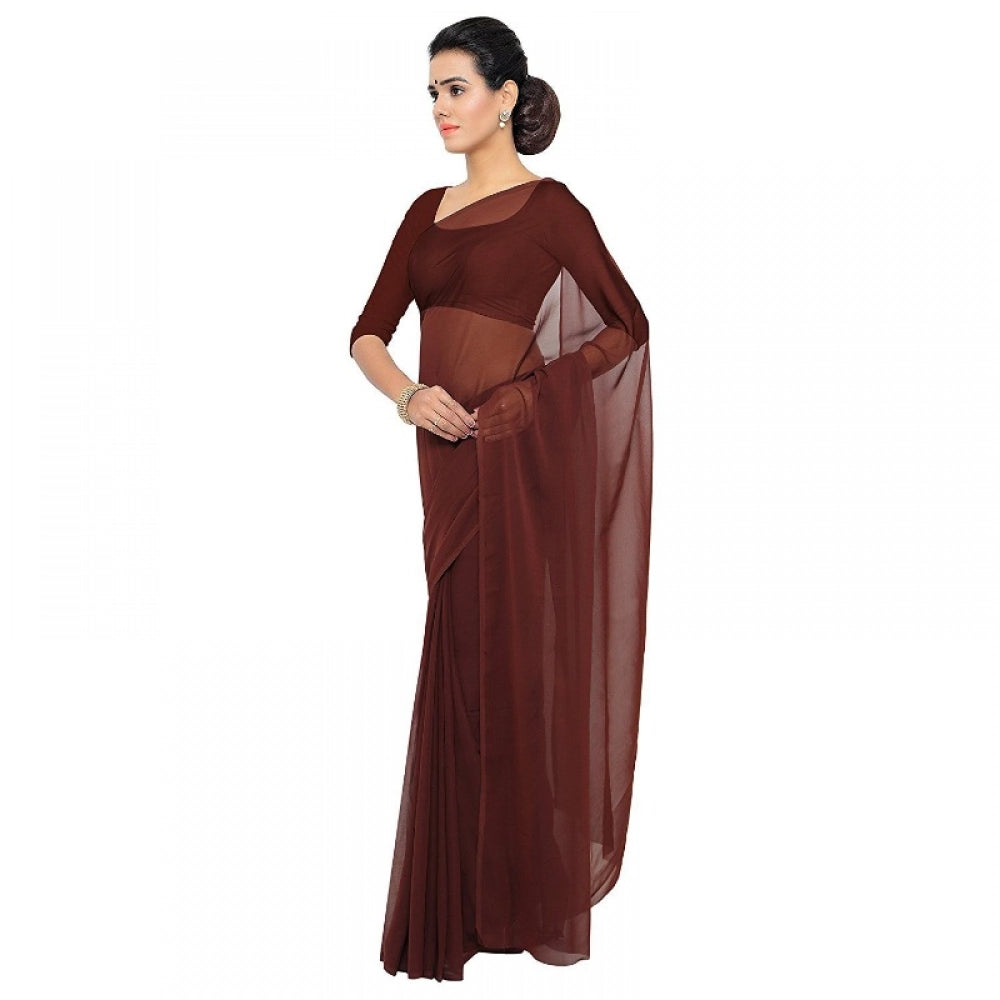 Seduva Women's Georgette Plain Saree With Blouse (Coffee, 5-6 Mtrs)