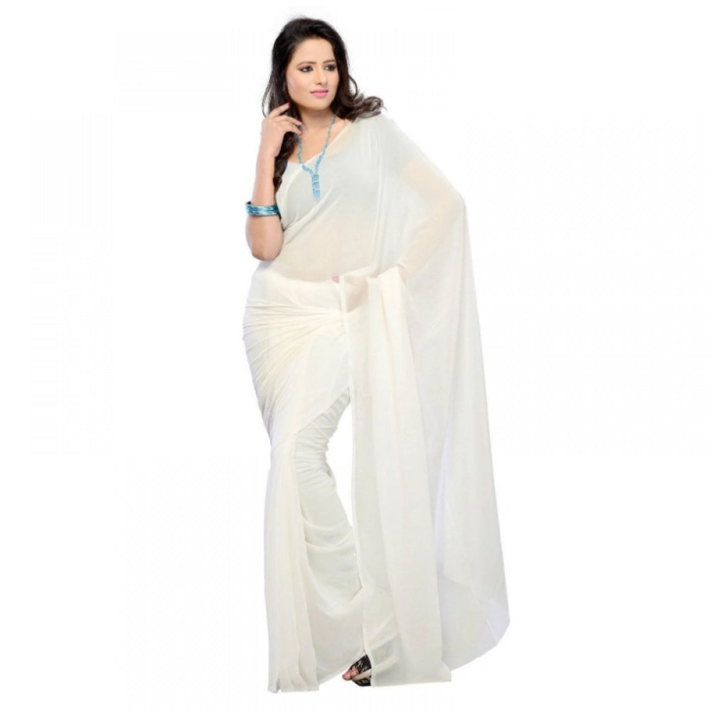 Seduva Women's Georgette Plain Saree With Blouse (white, 5-6 Mtrs)
